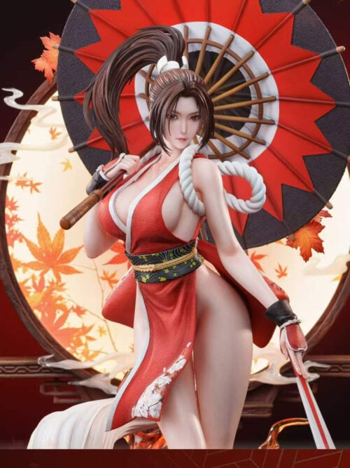 Upper view of Mai Shiranui with a swept ponytail, red-and-white outfit, patterned sash and open parasol against a maple-leaf screen.