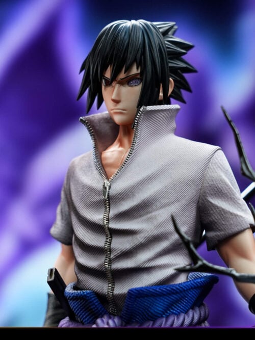 Close-up of Sasuke with red and purple eyes, a textured gray shirt, and a branching black effect extending from his hand.