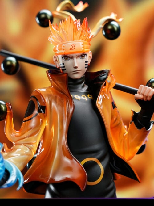 Close-up of Naruto in an orange cloak, holding a blue Rasengan and a black staff across his shoulder, with black orbs around him.
