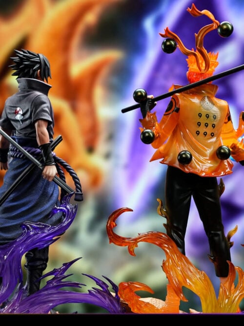 Rear view of Sasuke with a sword and Uchiha crest, beside Naruto with a black staff, cloak markings, and eight black orbs.
