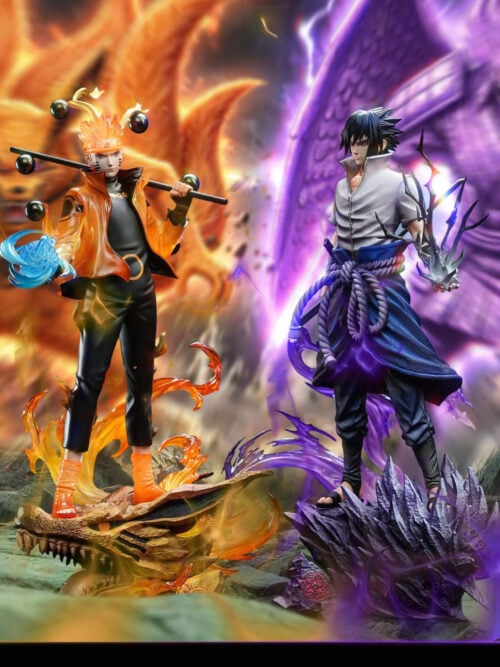 Naruto and Sasuke statues on orange and purple sculpted head-shaped bases, shown against an illustrated battle backdrop.