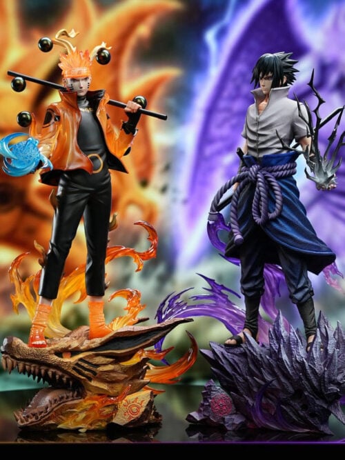 Naruto and Sasuke statues with inset UV-light demonstrations of fluorescent eyes, Naruto's Rasengan, and details on both display bases.