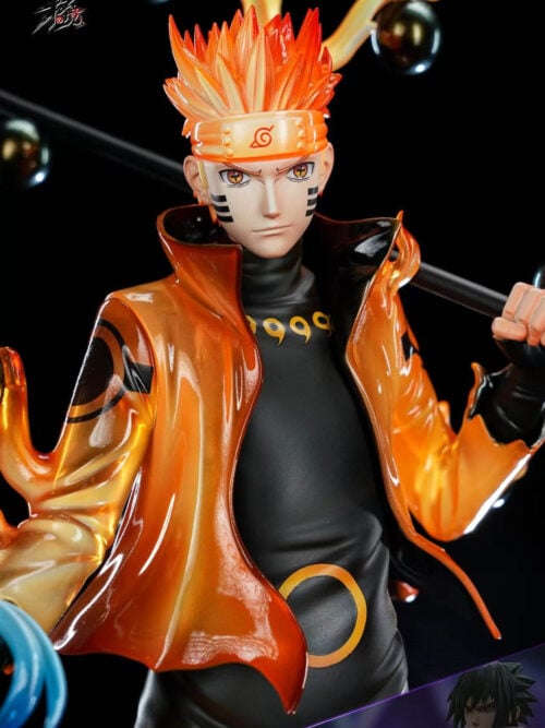 Naruto portrait against a black background, showing orange spiked hair, cross-shaped pupils, cheek markings, and a glossy orange cloak.