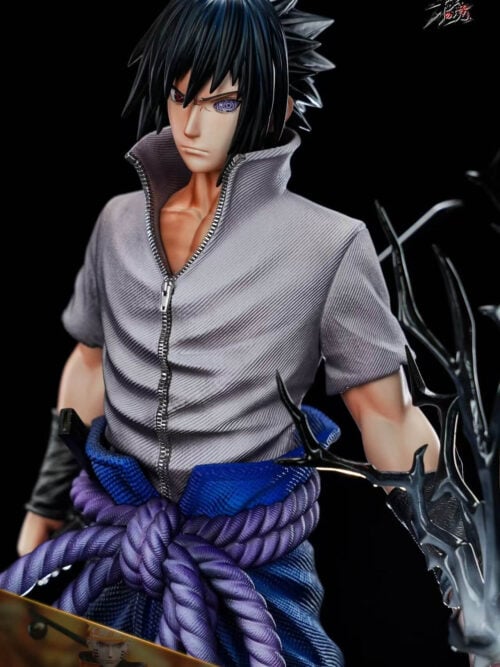 Sasuke portrait against a black background, showing red and purple eyes, a high-collared gray shirt, purple rope belt, and black hand effect.