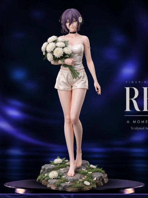 Front view of Li Studio's Reze statue holding white chrysanthemums, standing barefoot on a rocky base with flowers and greenery.