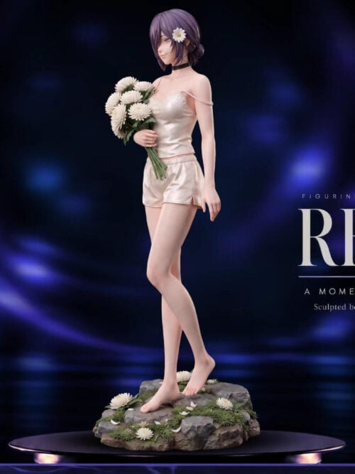 Three-quarter view of Reze holding white chrysanthemums, with purple hair, an ivory camisole and shorts, and a flower-covered rocky base.