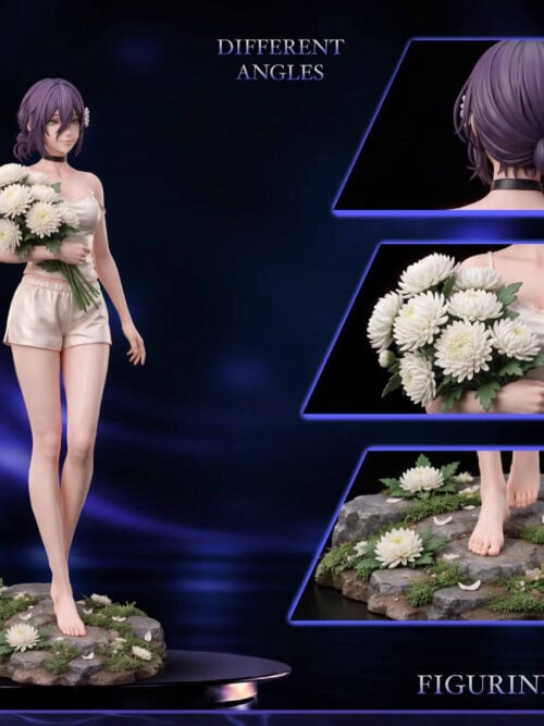 Reze statue detail collage showing a full-length view and close-ups of her purple hair bun, white chrysanthemum bouquet and rocky floral base.