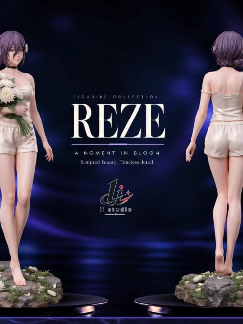 Front and rear views of the same Reze statue, showing her white flower bouquet, ivory outfit, purple hair bun and rocky floral base.