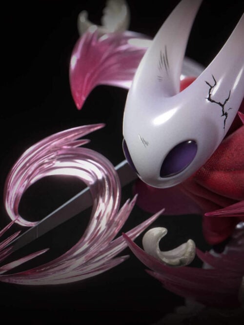 Close-up of Hornet's scratched white face, branching crack and torn red cloak, with pink effects curling around her needle.