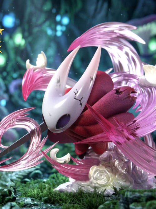 Hornet statue with a red cloak, extended needle and translucent pink effects above a pale curled base against a forest backdrop.