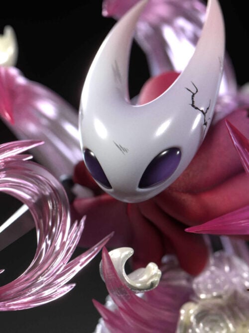 Close-up of Hornet's white face with dark oval eyes, scratches and a branching crack, framed by her red cloak and pink effects.
