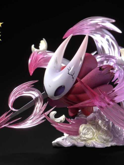 Full view of Hornet leaning forward with her needle, surrounded by sweeping pink effects on a pale curled base against black.