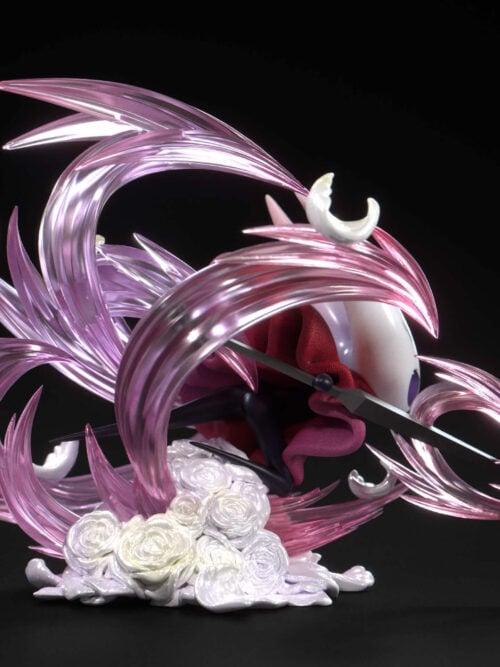 Opposite-side view of Hornet holding her needle amid layered translucent pink effects and pale crescent forms above a curled base.