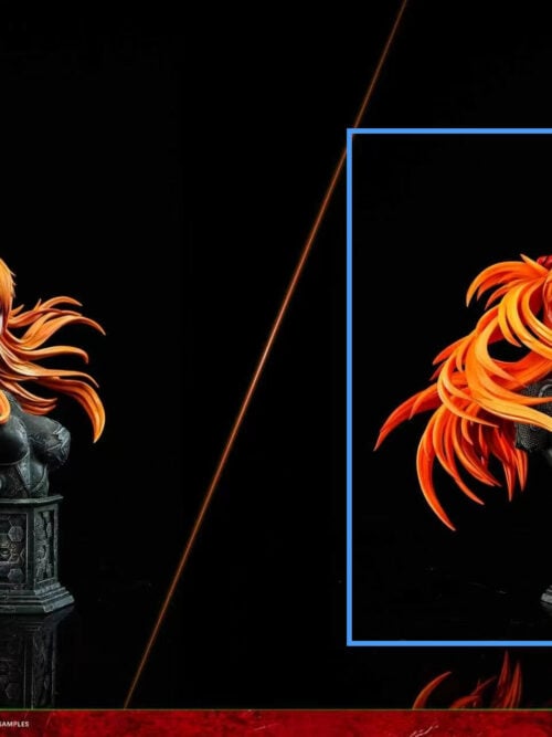 Version D portrait comparison with a blue outline highlighting the anime-style eyepatch head and display base on the right.