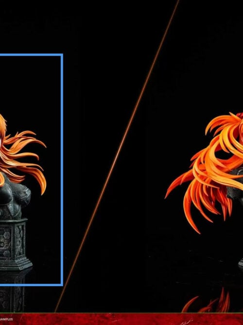 Version D portrait comparison with a blue outline highlighting the realistic-style head and display base on the left.