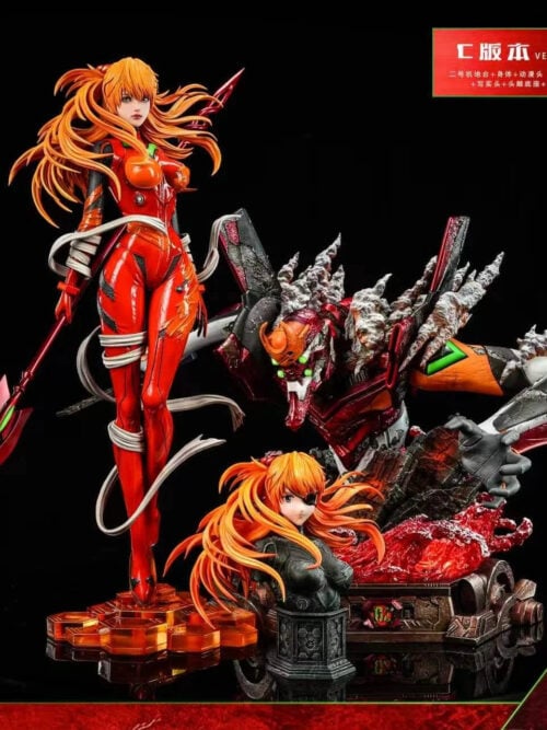 Version C showing Asuka on an orange figure base, Unit-02 on the red-wave base, and the alternate anime-style portrait on its display stand.