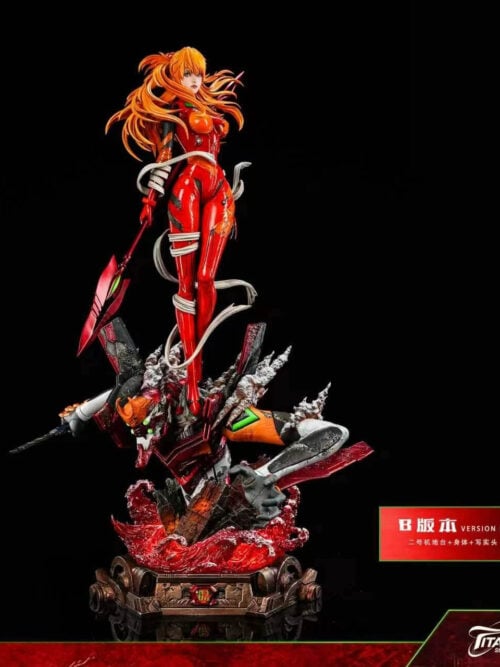 Full Version B Asuka statue with a realistic-style portrait and red polearm above Unit-02, curling red waves and a mechanical base.