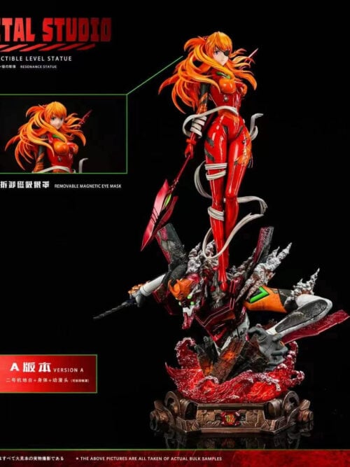 Version A Asuka statue above Unit-02 and red waves, with an inset showing the anime-style portrait without its eyepatch.