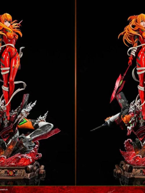 Side-by-side Version A and B statues comparing the anime-style eyepatch portrait and realistic-style portrait on the same Unit-02 display.