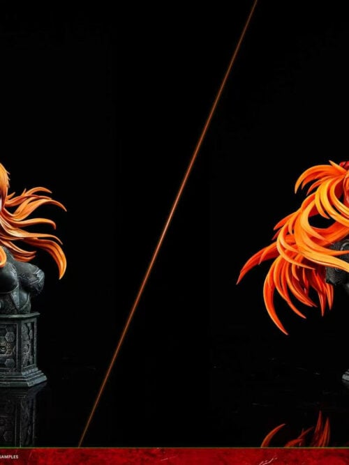 Version D comparison showing realistic-style and anime-style eyepatch portraits on dark bust-shaped display bases as separate options.