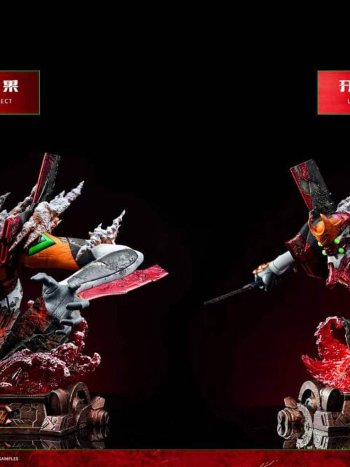 Side-by-side light-off and light-on views of Unit-02 and its red-wave display base.