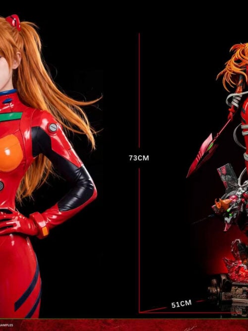 Dimensions card showing the assembled Asuka and Unit-02 statue at H73 × W50 × D51 cm beside a red-plugsuit cosplay image.