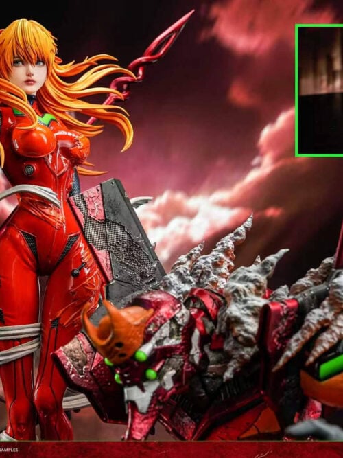Realistic-style Asuka beside Unit-02, with an inset highlighting the orange geometric base used for the separate figure display.