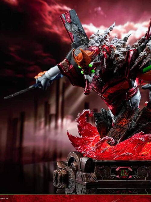 Unit-02 above red waves and a mechanical base, with three inset close-ups of its hand, shoulder and torso.