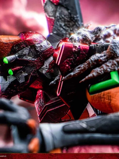 Angled close-up of Unit-02's green eyes, damaged red-and-orange armor and pale pointed effects around the shoulder.