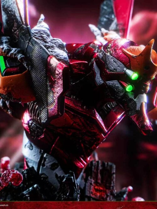 Front three-quarter close-up of Unit-02 with glowing green eyes, spread arms, weathered armor and pale effects behind its shoulders.
