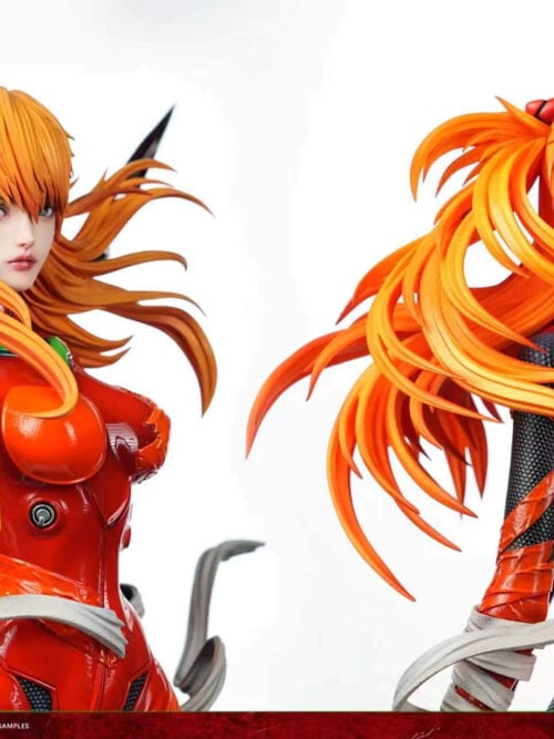 White-background comparison of Asuka's realistic-style portrait on the left and anime-style eyepatch portrait on the right.