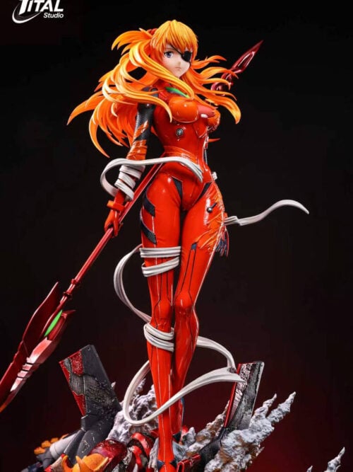 Asuka with an anime-style eyepatch portrait, swept orange hair, white wraps and a red polearm above part of Unit-02.