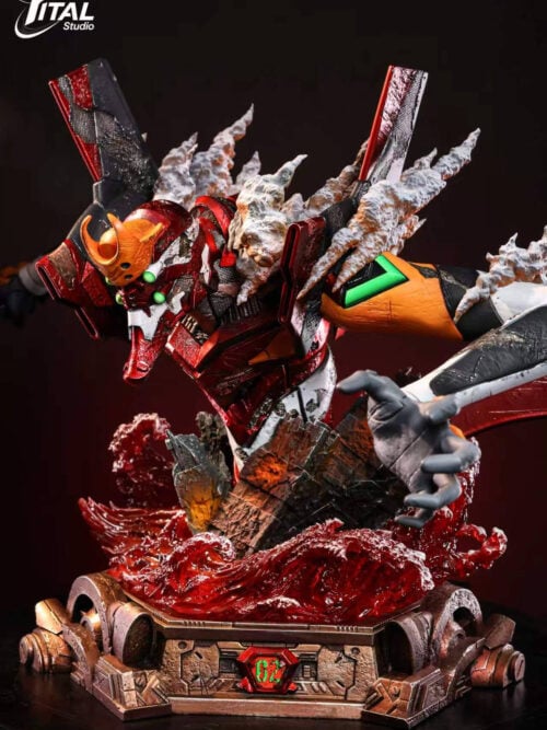 Unit-02 leaning forward above curling red waves and a weathered mechanical base with a green 02 emblem.