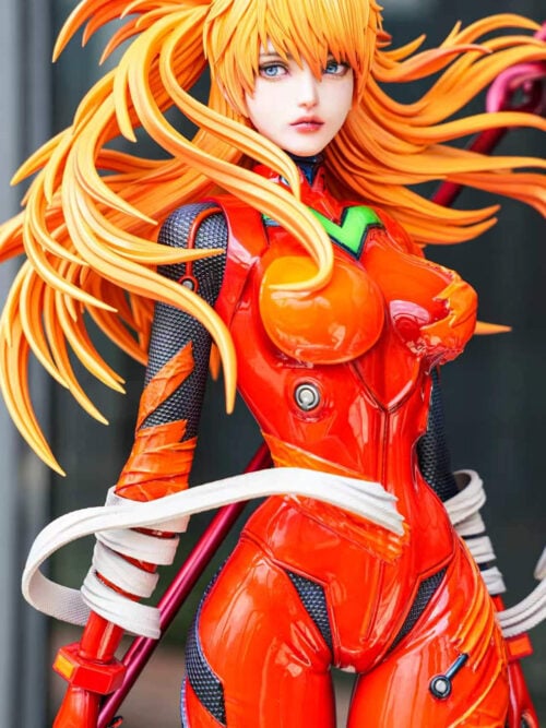 Asuka's realistic-style portrait against a gray background, with flowing orange hair, damaged red plugsuit panels and white wraps.