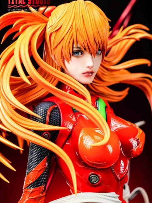 Close-up of Asuka's realistic-style face framed by orange hair, with glossy red plugsuit panels and a textured black shoulder.