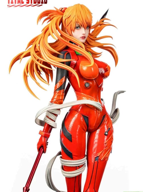 White-background view of Asuka with a realistic-style portrait, swept orange hair, red plugsuit, white wraps and a partially visible polearm.