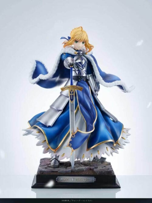 Centered full view of Altria Pendragon in blue and silver armor, with a vertical sword and flared skirt above a black rectangular plinth.