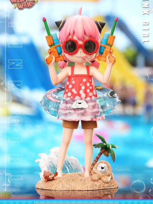 Front view of Anya Forger holding twin water guns with a clear swim ring, Bond, a crab, a palm tree and a wave on a sandy base.