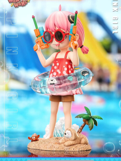 Three-quarter view of Anya Forger with twin water guns and a clear swim ring on a sandy base with Bond, a crab and a palm tree.