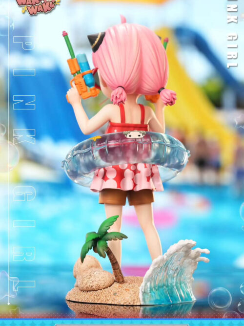 Rear view of Anya Forger's pink pigtails, red polka-dot top and clear swim ring, above a beach base with a palm tree and curling wave.