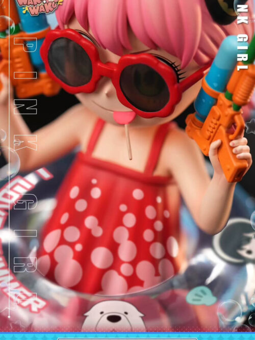 High-angle close-up of Anya Forger's red sunglasses, polka-dot top and water guns, with the decorated clear swim ring below.