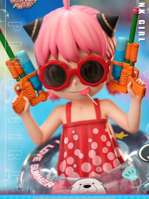 Close-up of Anya Forger's pink hair, red sunglasses and colorful twin water guns above a red polka-dot top and clear swim ring.