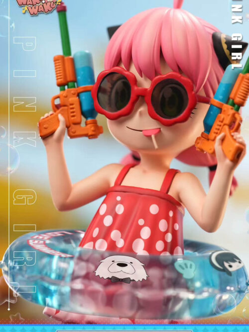 Angled upper-body view of Anya Forger holding two water guns, with a Bond face graphic on the clear swim ring.