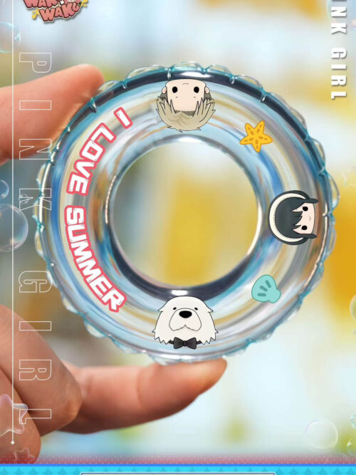 Clear blue-tinted miniature swim ring held between fingers, decorated with character faces, a shell, a starfish and I LOVE SUMMER lettering.