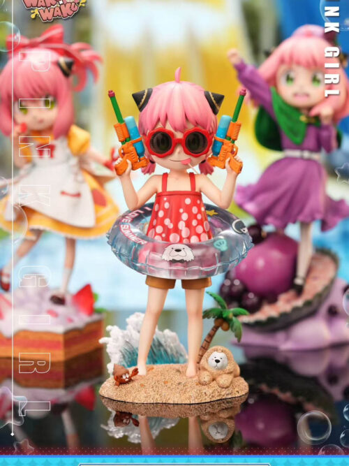 Anya Forger's twin-water-gun beach display in the foreground, with two other Anya figures blurred in the background.