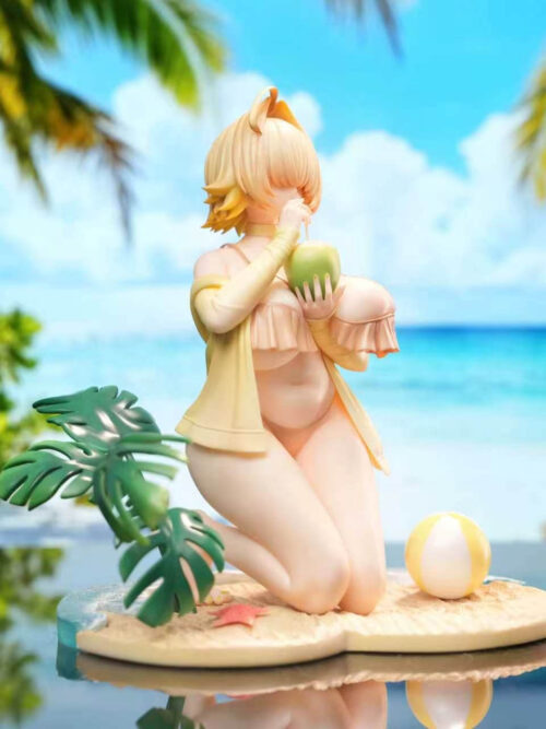 Three-quarter front view of Elegg holding a coconut on a sandy base with green leaves, a starfish and a beach ball.