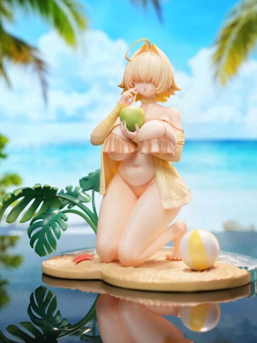 Portrait-format view of Elegg kneeling with a coconut drink, peach ruffled bikini and pale yellow cover-up on a sandy base.