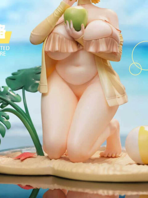 Detail of Elegg's kneeling pose and sandy base with tropical leaves, a red starfish, beach ball and blue water-effect edge.