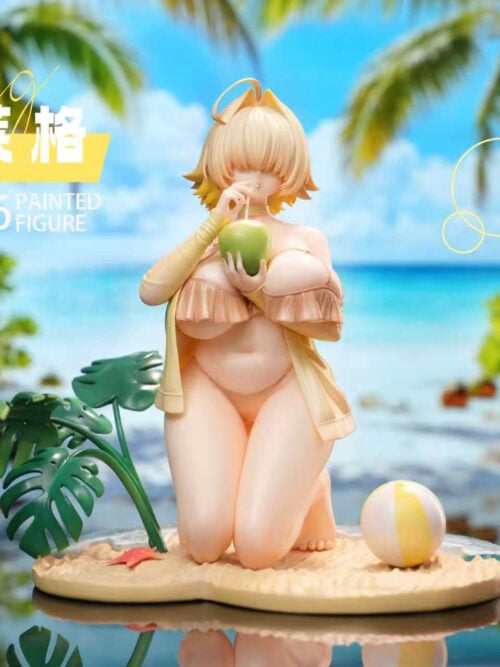 Front view of Elegg holding a coconut drink on a beach-themed base, with studio branding and 1/6-scale text.