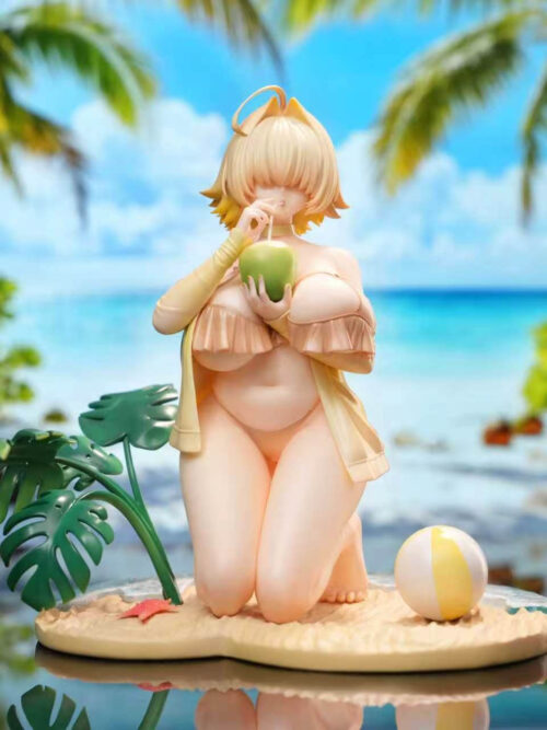 Elegg kneeling with a coconut drink on a sandy base with tropical leaves, a red starfish and a yellow-and-white beach ball.